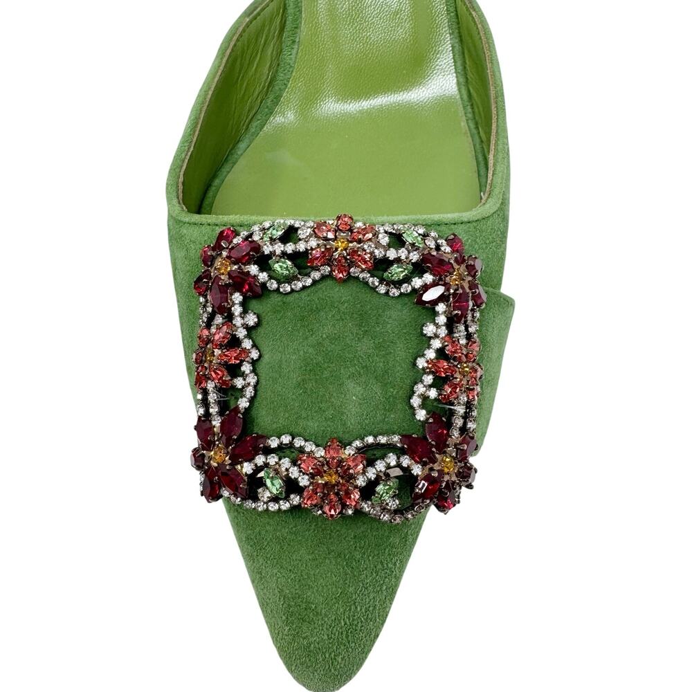 Rare Manolo Blahnik Maysale Jewel Green Suede Multicolor Crystal Mule Heels 38 - Picture 4 of 10